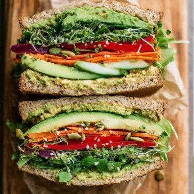 Delicious and colorful veggie sandwich with fresh vegetables and healthy toppings