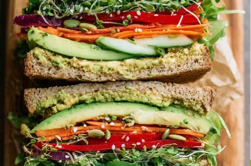 Delicious and colorful veggie sandwich with fresh vegetables and healthy toppings