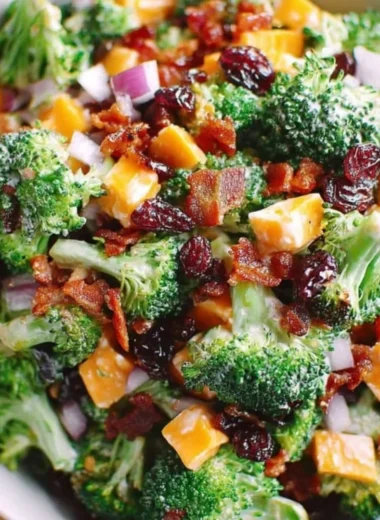 Delicious Broccoli Salad with Bacon, Raisins, and Cheddar Cheese served in a bowl