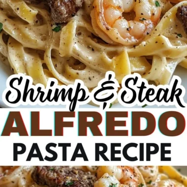 Cajun Shrimp and Steak Alfredo Pasta served in a bowl with fresh herbs