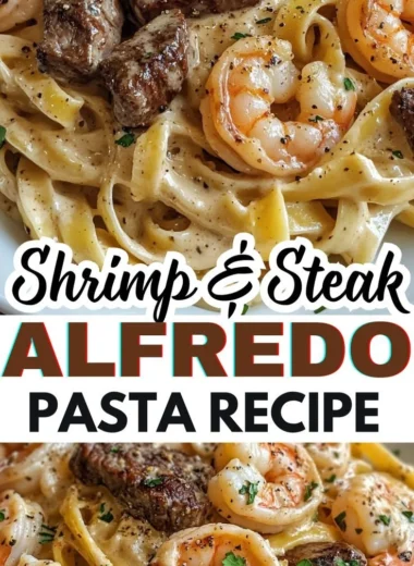Cajun Shrimp and Steak Alfredo Pasta served in a bowl with fresh herbs