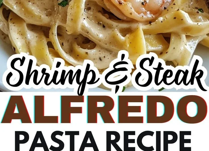 Cajun Shrimp and Steak Alfredo Pasta served in a bowl with fresh herbs