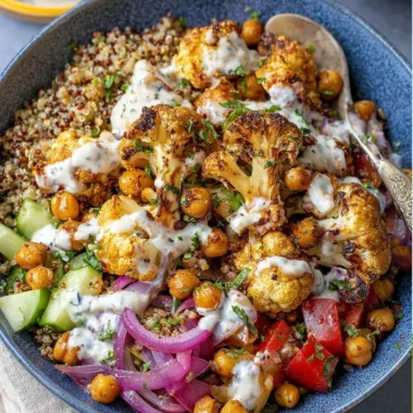 Cauliflower Shawarma Bowl served on a plate with vibrant toppings and sauces.