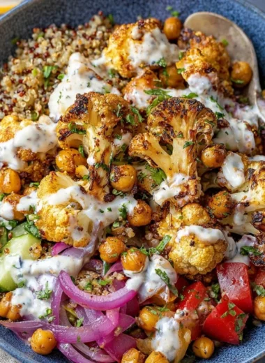 Cauliflower Shawarma Bowl served on a plate with vibrant toppings and sauces.