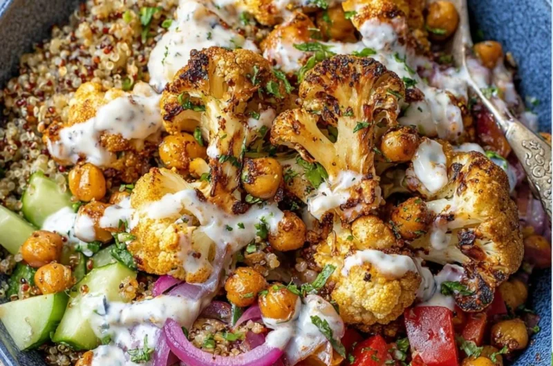 Cauliflower Shawarma Bowl served on a plate with vibrant toppings and sauces.