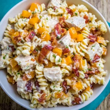 Delicious Chicken Bacon Ranch Pasta Salad with creamy dressing, chicken, and bacon.