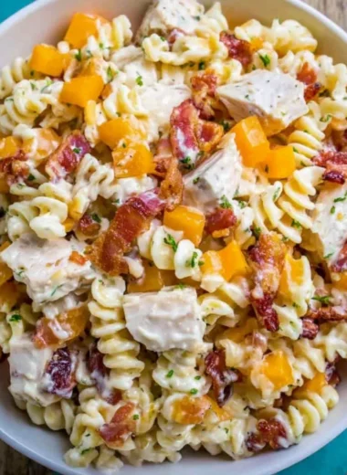Delicious Chicken Bacon Ranch Pasta Salad with creamy dressing, chicken, and bacon.