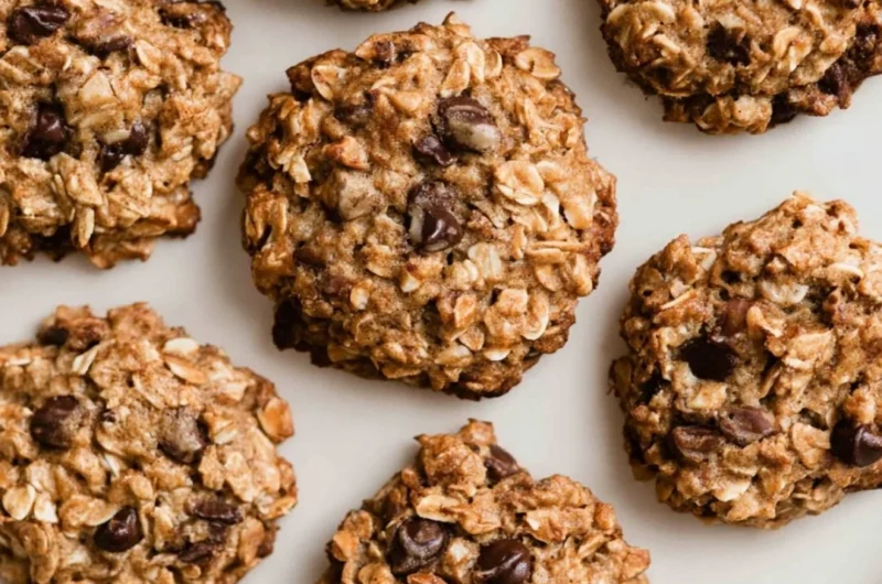Freshly baked chocolate chip banana oatmeal cookies on a cooling rack