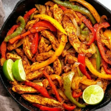 Delicious and colorful easy chicken fajitas served in a skillet with fresh vegetables