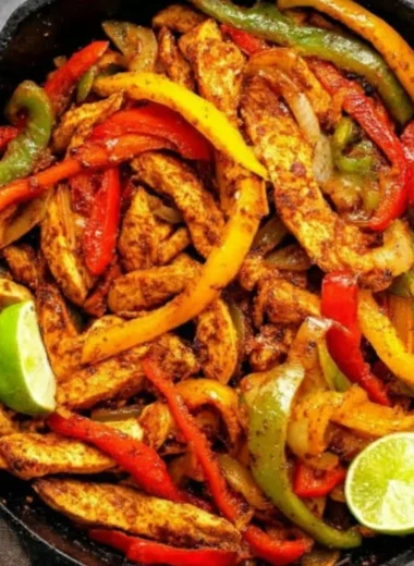 Delicious and colorful easy chicken fajitas served in a skillet with fresh vegetables