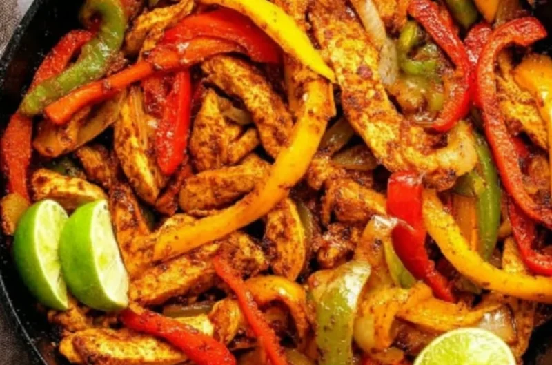 Delicious and colorful easy chicken fajitas served in a skillet with fresh vegetables
