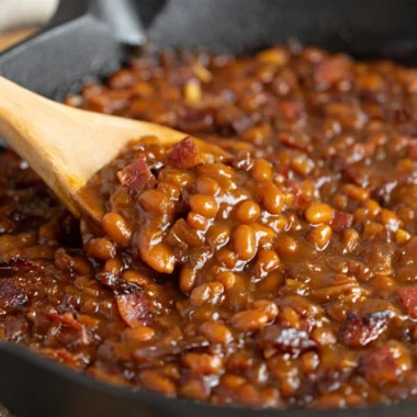 Delicious Easy Ultimate Baked Beans ready to serve in a bowl.