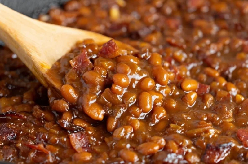 Delicious Easy Ultimate Baked Beans ready to serve in a bowl.