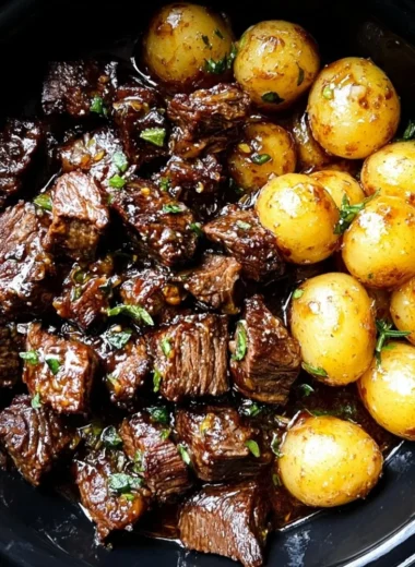 Garlic Butter Beef Bites served with crispy potatoes, garnished for flavor.
