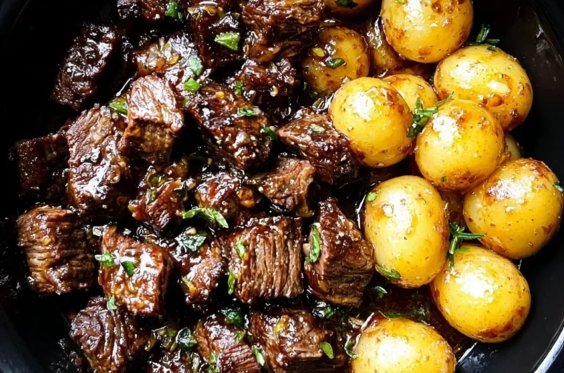 Garlic Butter Beef Bites served with crispy potatoes, garnished for flavor.