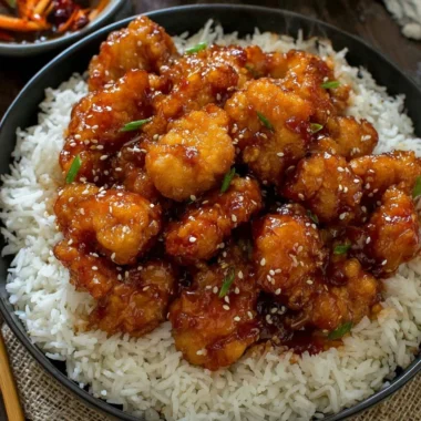 A plate of General Tso's Chicken served with steamed rice and broccoli.