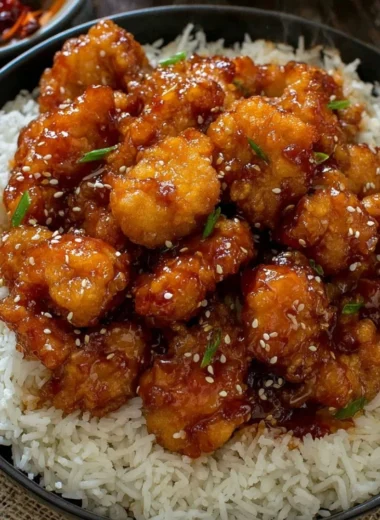 A plate of General Tso's Chicken served with steamed rice and broccoli.