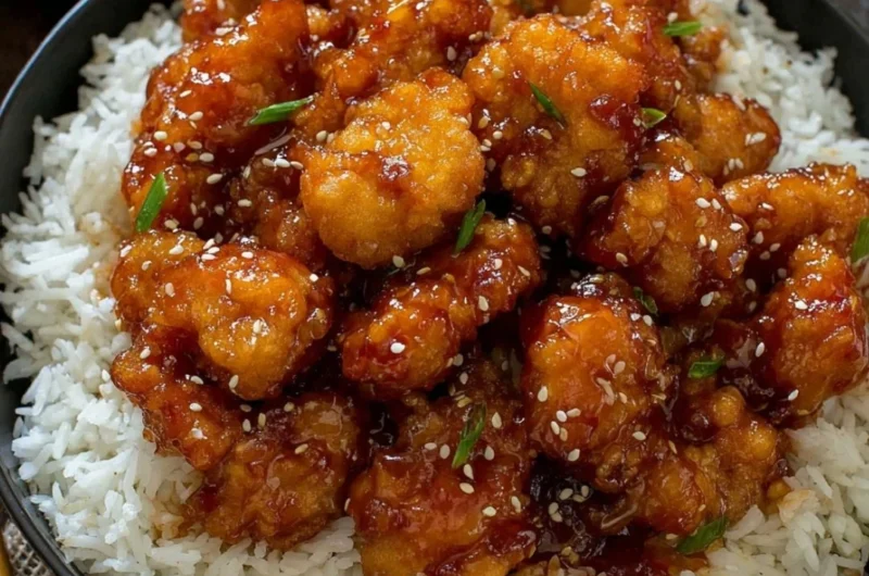 A plate of General Tso's Chicken served with steamed rice and broccoli.