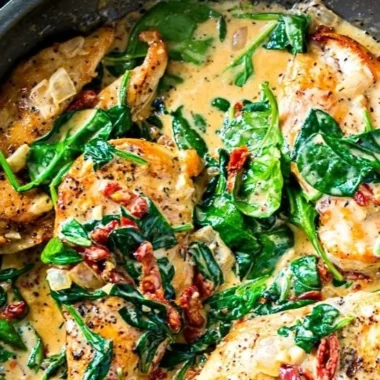 Low carb creamy Tuscan chicken dish served with fresh herbs and vegetables