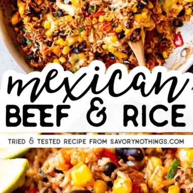 Mexican Beef and Rice Skillet cooked with vegetables and spices in a skillet