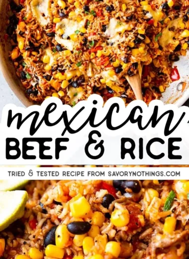 Mexican Beef and Rice Skillet cooked with vegetables and spices in a skillet