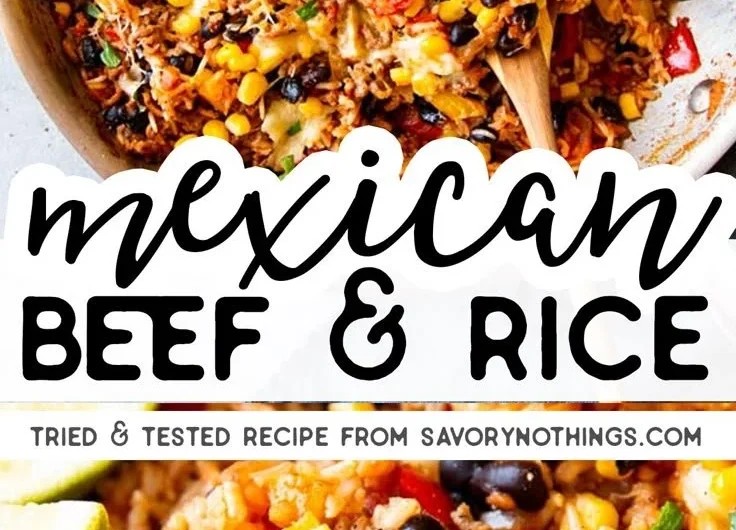 Mexican Beef and Rice Skillet cooked with vegetables and spices in a skillet