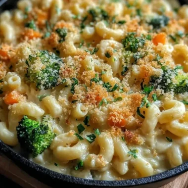 One pot veggie mac and cheese with colorful vegetables in a creamy sauce