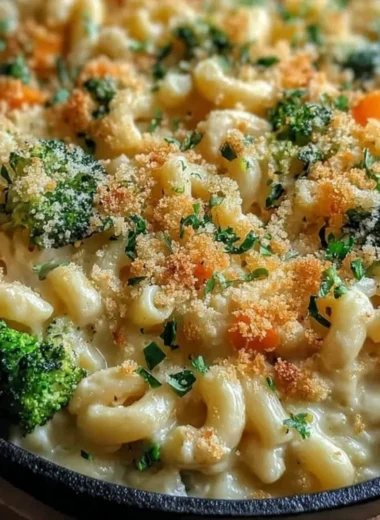 One pot veggie mac and cheese with colorful vegetables in a creamy sauce