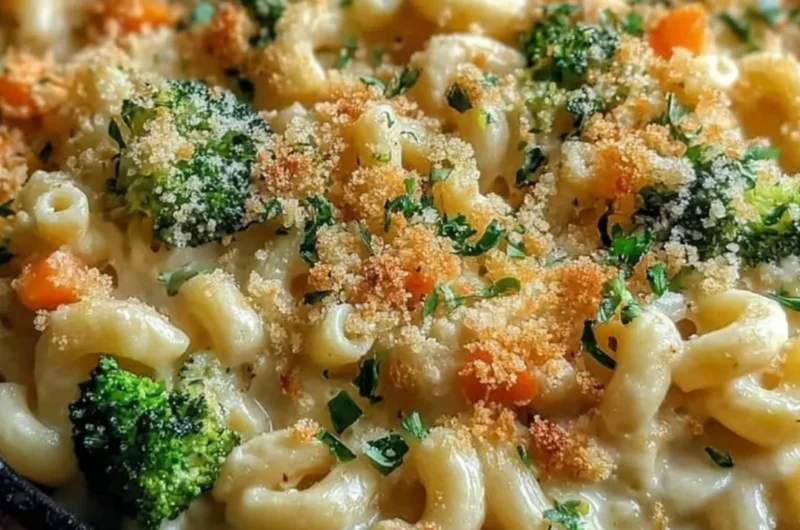 One pot veggie mac and cheese with colorful vegetables in a creamy sauce