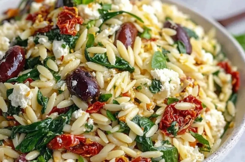 Delicious orzo pasta salad with feta and sun dried tomatoes served in a bowl
