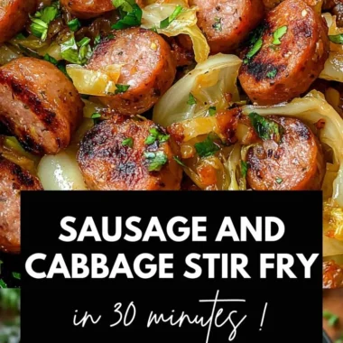 Sausage and cabbage stir fry served in a colorful dish