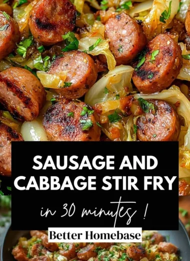Sausage and cabbage stir fry served in a colorful dish