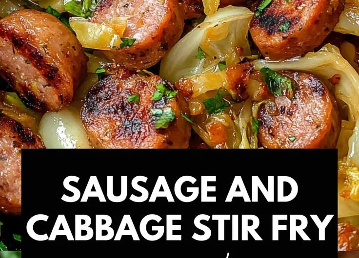 Sausage and cabbage stir fry served in a colorful dish