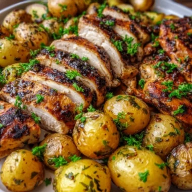 Sheet pan meal featuring lemon balsamic chicken and roasted potatoes