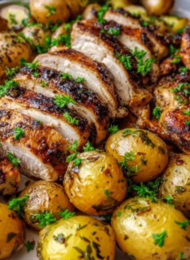 Sheet pan meal featuring lemon balsamic chicken and roasted potatoes