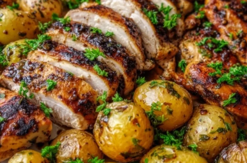 Sheet pan meal featuring lemon balsamic chicken and roasted potatoes