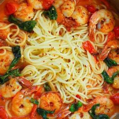 Shrimp pasta with garlic basil tomato sauce served in a bowl
