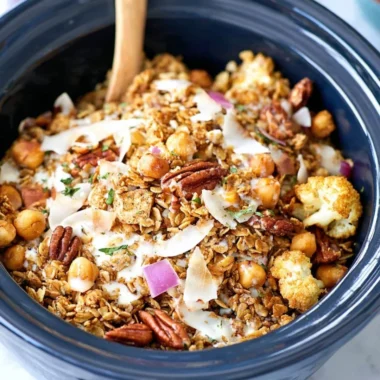 Bowl of homemade slow cooker granola with nuts and dried fruits