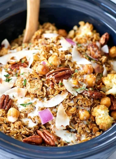 Bowl of homemade slow cooker granola with nuts and dried fruits