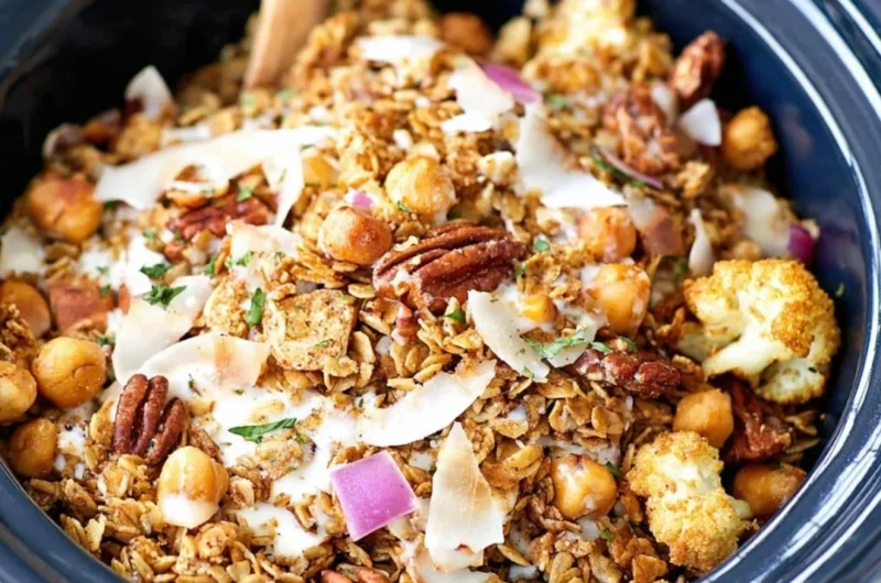 Bowl of homemade slow cooker granola with nuts and dried fruits