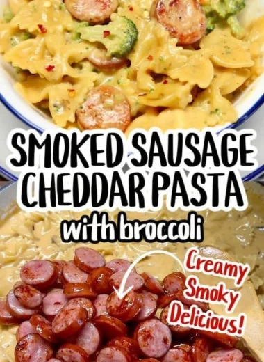 Delicious smoked sausage cheddar pasta dish served on a plate
