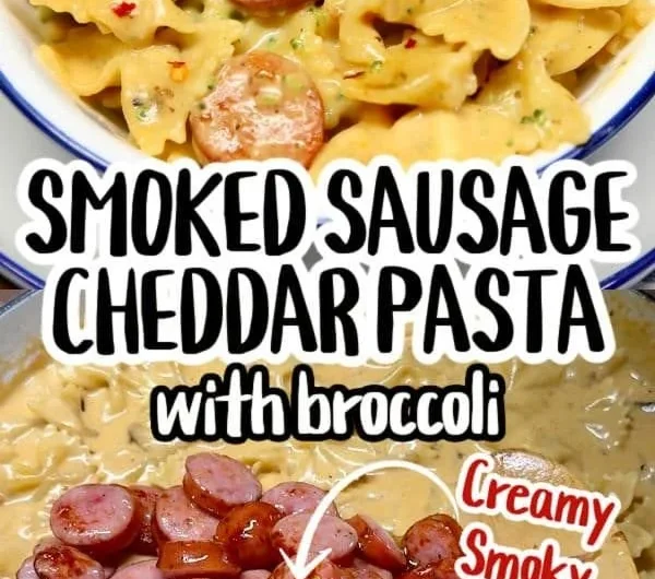 Delicious smoked sausage cheddar pasta dish served on a plate
