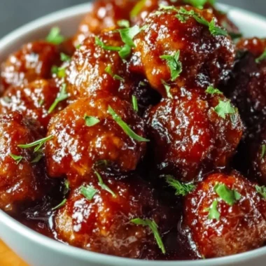 Plate of delicious Sweet Chili Meatballs garnished with green onions