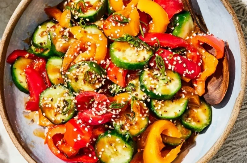 Viral sweet pepper salad with colorful bell peppers and fresh herbs