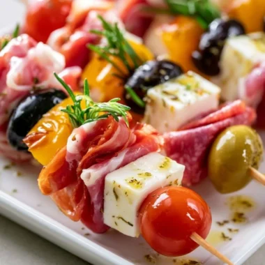 Delicious antipasto skewers with veggies, meats, and cheeses on a wooden platter.