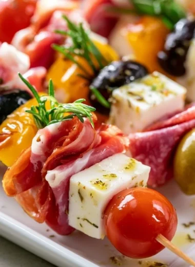 Delicious antipasto skewers with veggies, meats, and cheeses on a wooden platter.