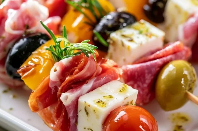 Delicious antipasto skewers with veggies, meats, and cheeses on a wooden platter.