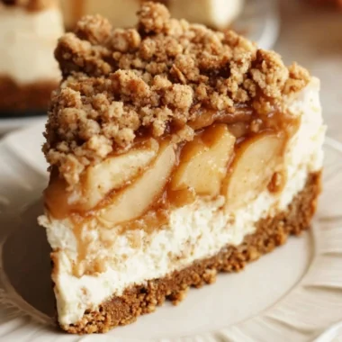Delicious Apple Crumble Cheesecake with a creamy filling and crunchy topping