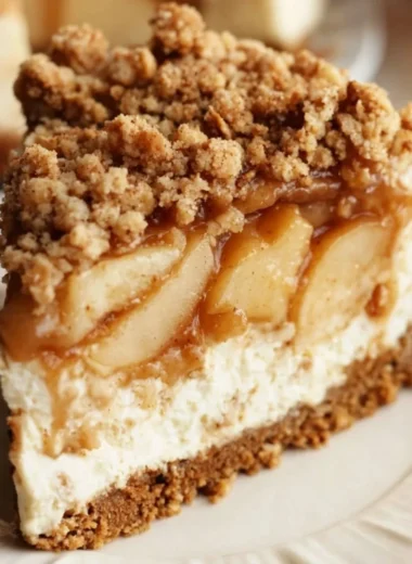 Delicious Apple Crumble Cheesecake with a creamy filling and crunchy topping