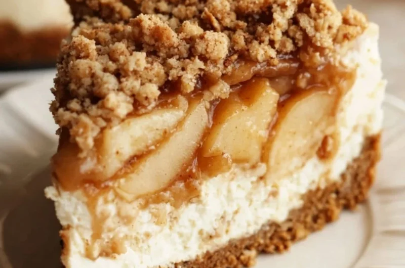 Delicious Apple Crumble Cheesecake with a creamy filling and crunchy topping